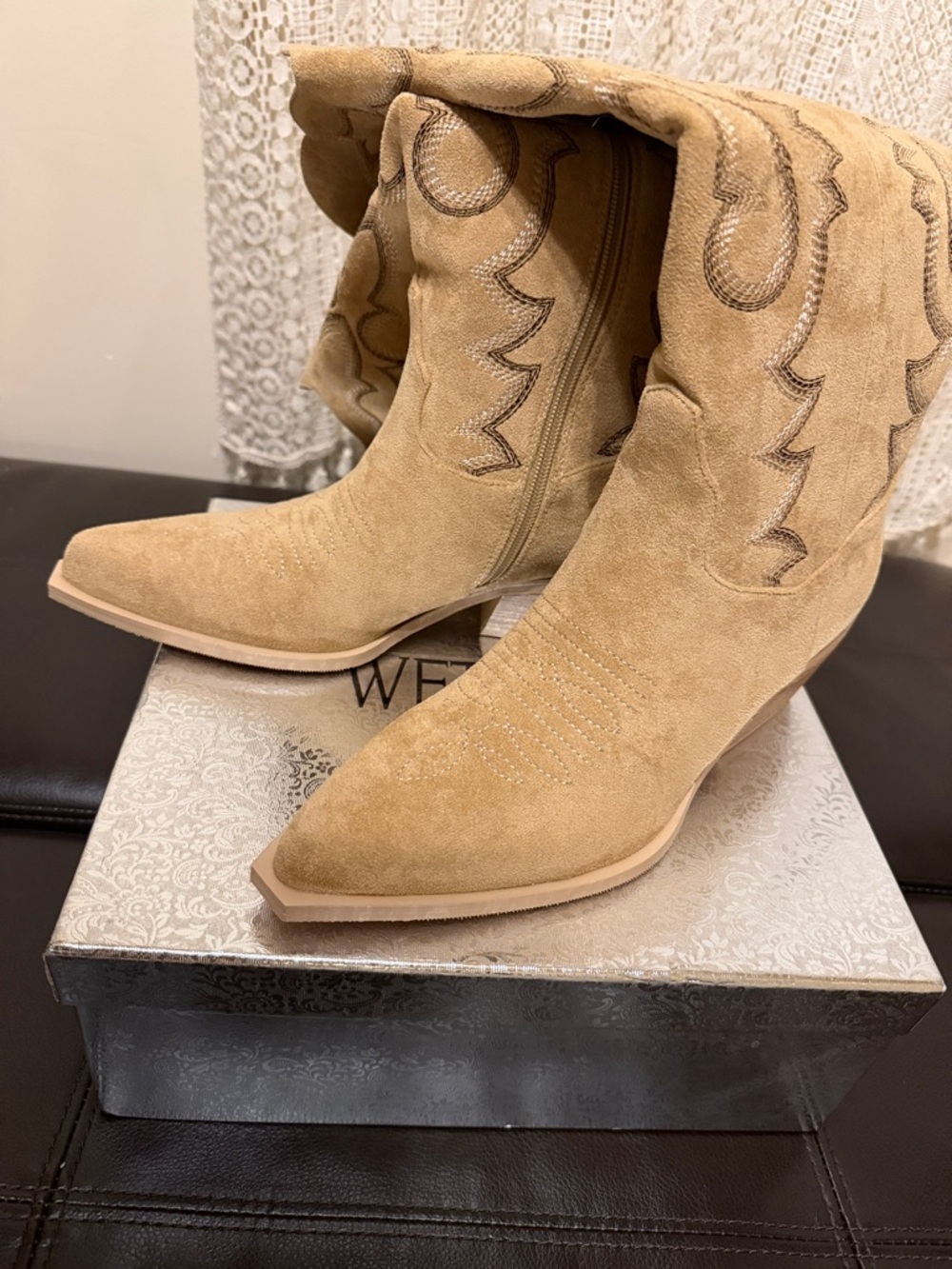Women's Tan Faux Suede Knee-High Western Heeled Boots - Picture 3 of 9